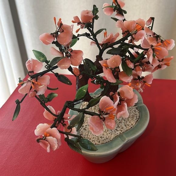 Vtg Bonsai Tree Cherry Blossoms Chinese Jade Glass Petal Celadon pot Pink - Picture 2 of 5